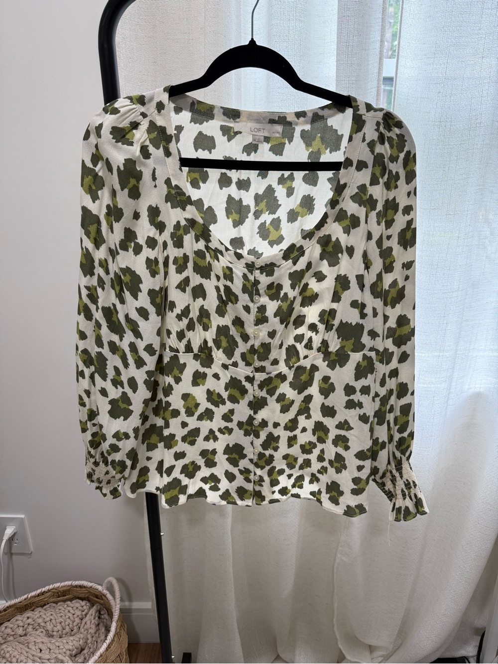 LOFT Olive and Cream Leopard Scoop Neck Blouse - Picture 2 of 4